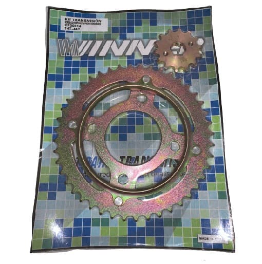 CORONA Y PIÑON HONDA CG125 TITAN 44T - 14T C/PROTECTOR DORADA ( BLISTER )